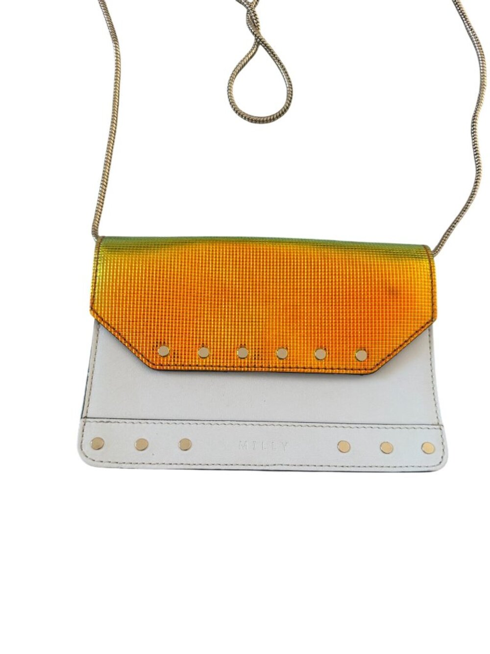 MILLY Hologram White Leather Studded Chain Crossbody Bag - Picture 10 of 11